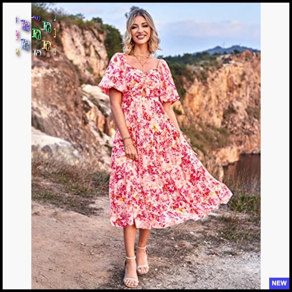 Boho Maxi Dress Flowy Smocked Back Square Neck Short Sleeve Casual Summer - Picture 6 of 7